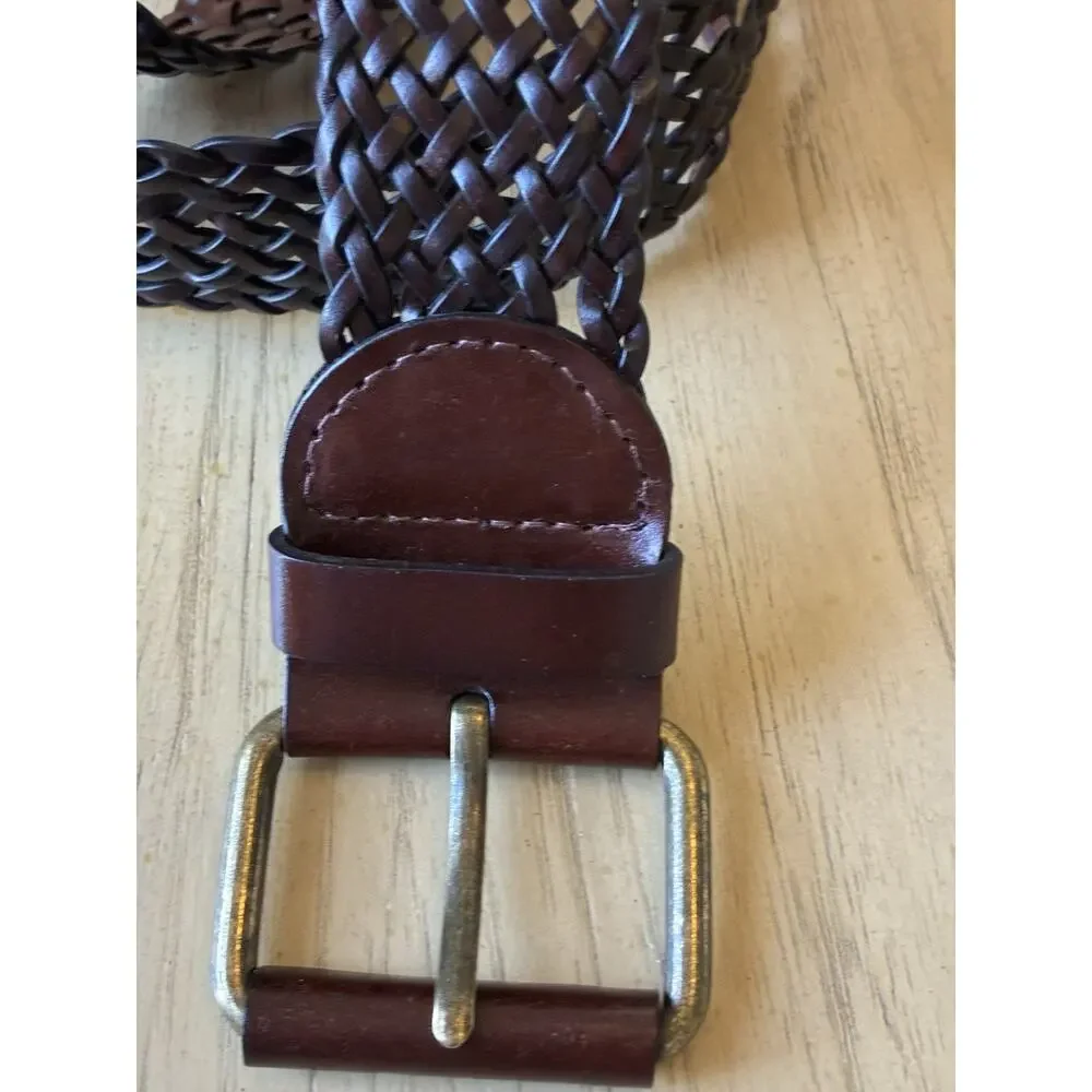 DKNY Women's Mocha Brown Braided Woven Wide Leather Belt w/ Buckle Minimalist M